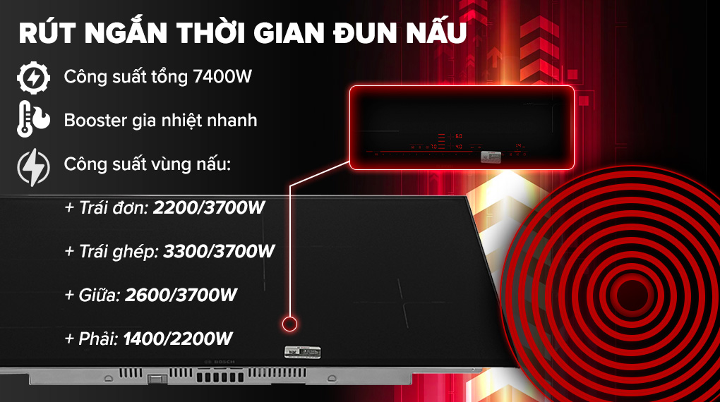 Bếp từ 4 vùng nấu lắp âm Bosch PXE875DC1E - Công suất Bếp từ 4 vùng nấu lắp âm Bosch PXE875DC1E - Công suất