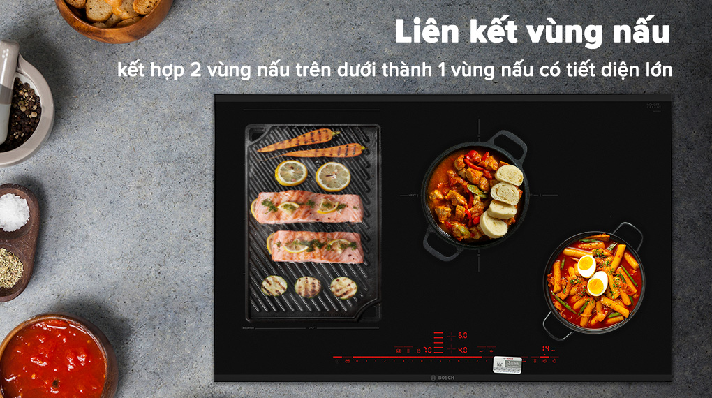 Bếp từ 4 vùng nấu lắp âm Bosch PXE875DC1E - Liên kết vùng nấu Bếp từ 4 vùng nấu lắp âm Bosch PXE875DC1E - Liên kết vùng nấu