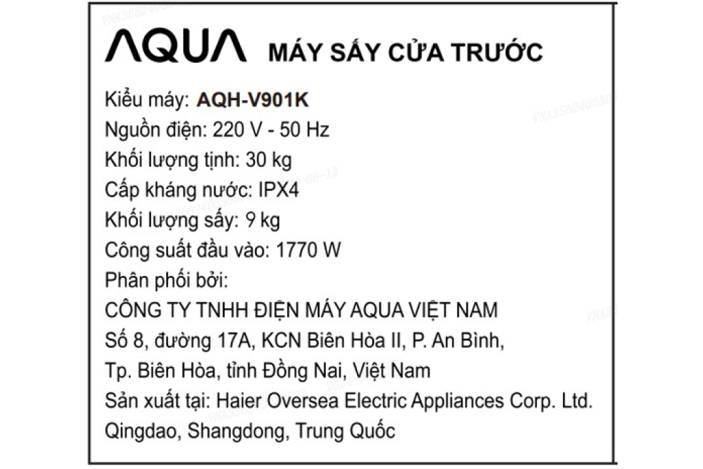 Máy sấy thông hơi Aqua 9 kg AQH-V901K PS Máy sấy thông hơi Aqua 9 kg AQH-V901K PS