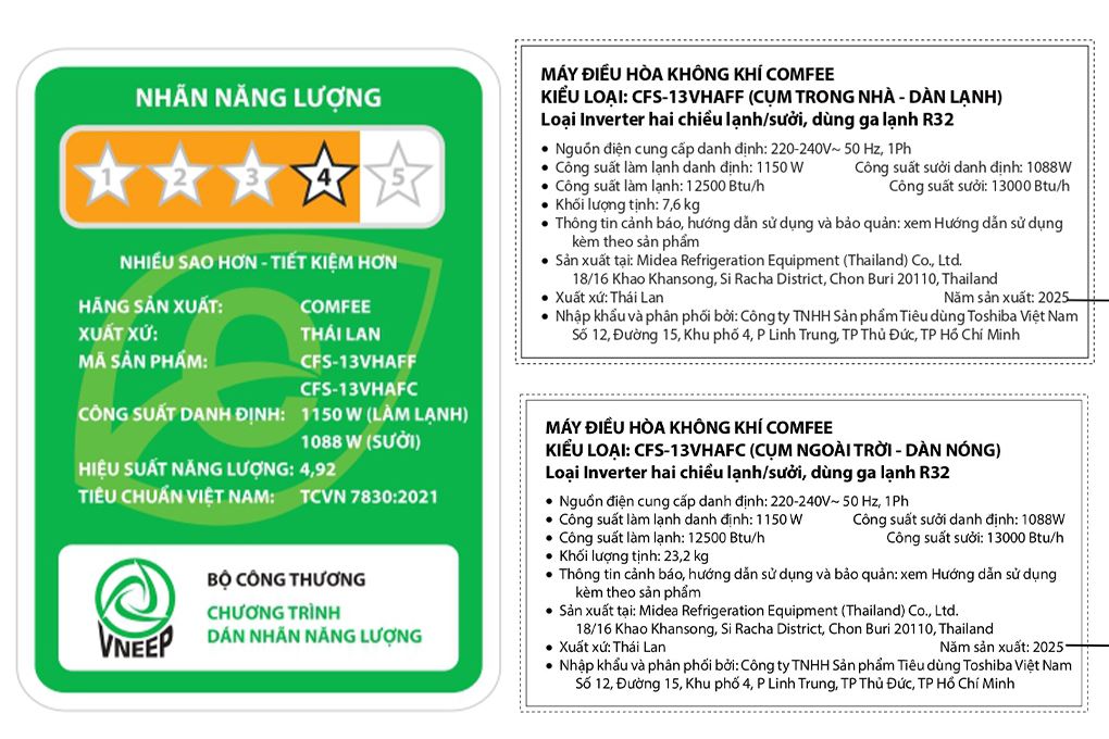 Máy lạnh 2 chiều Comfee Inverter 1.5 HP CFS-13VHAFF Máy lạnh 2 chiều Comfee Inverter 1.5 HP CFS-13VHAFF