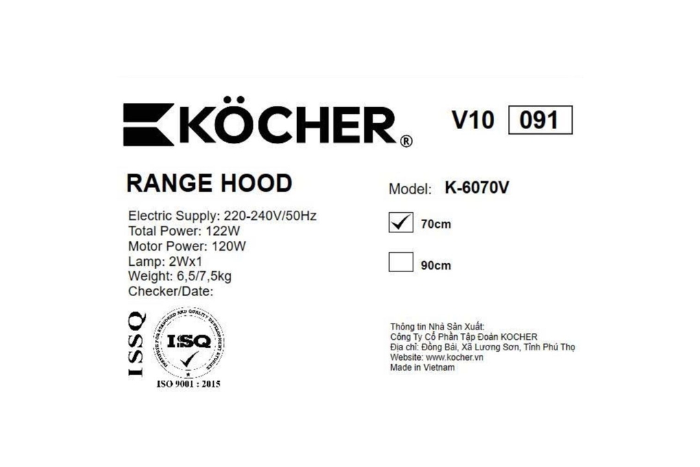 Máy hút mùi âm tủ Kocher K-6070V Máy hút mùi âm tủ Kocher K-6070V