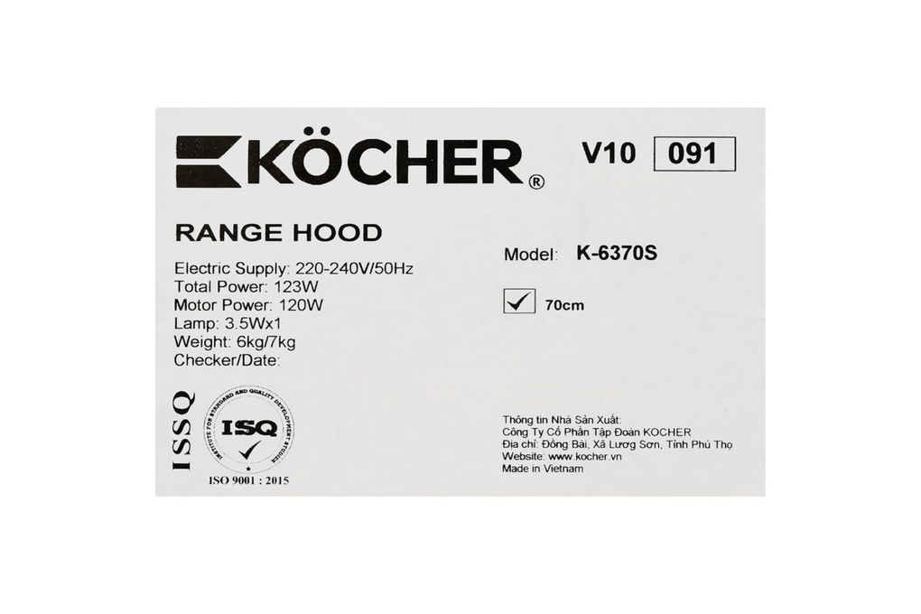 Máy hút mùi âm tủ Kocher K-6370S Máy hút mùi âm tủ Kocher K-6370S