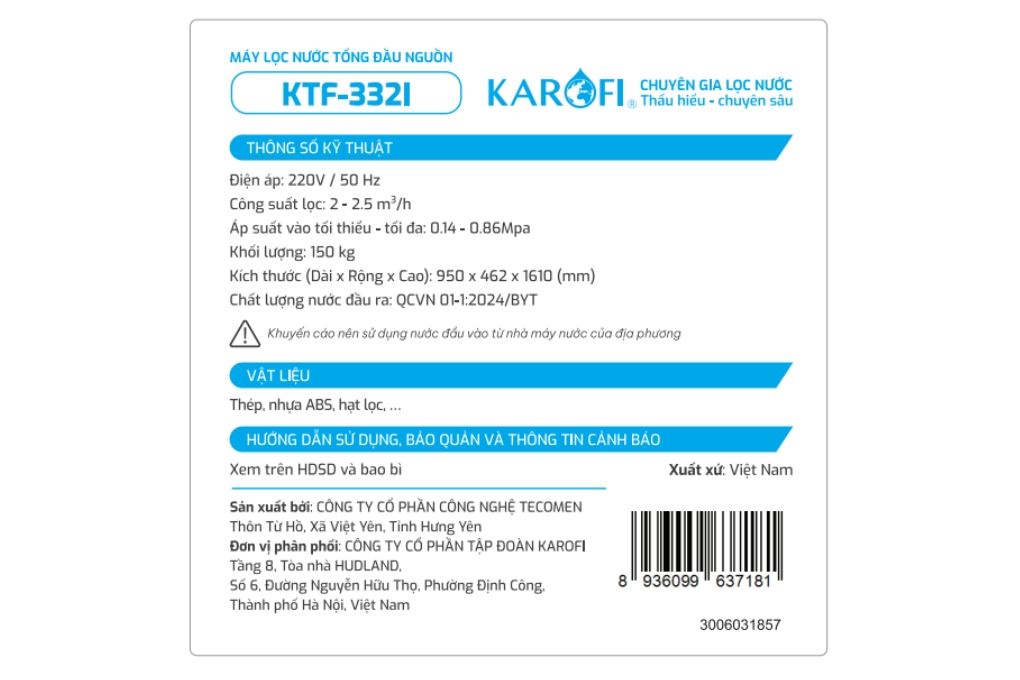 Máy lọc tổng đầu nguồn Karofi KTF-332I Máy lọc tổng đầu nguồn Karofi KTF-332I