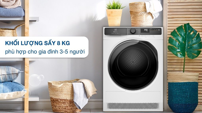 Máy sấy bơm nhiệt ELECTROLUX 8 kg EDH803J5WC - Khối lượng sấy 8kg phù hợp với gia đình từ 3-5 người