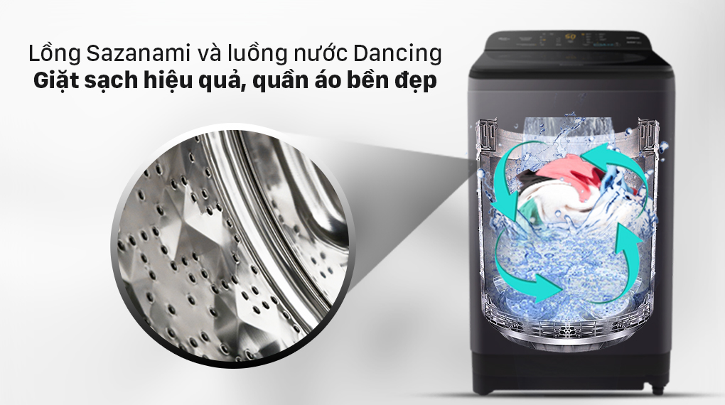 Máy giặt Panasonic 8.5 Kg NA-F85A9BRV- Lồng giặt Sazanami kết hợp luồng nước Dancing Water Flow giúp giặt sạch hiệu quả, quần áo bền đẹp
