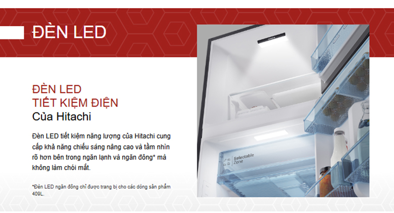 Tủ lạnh Hitachi Inverter 409 lít HRTN6443SGBKVN - Đèn LED tiết kiệm năng lượng